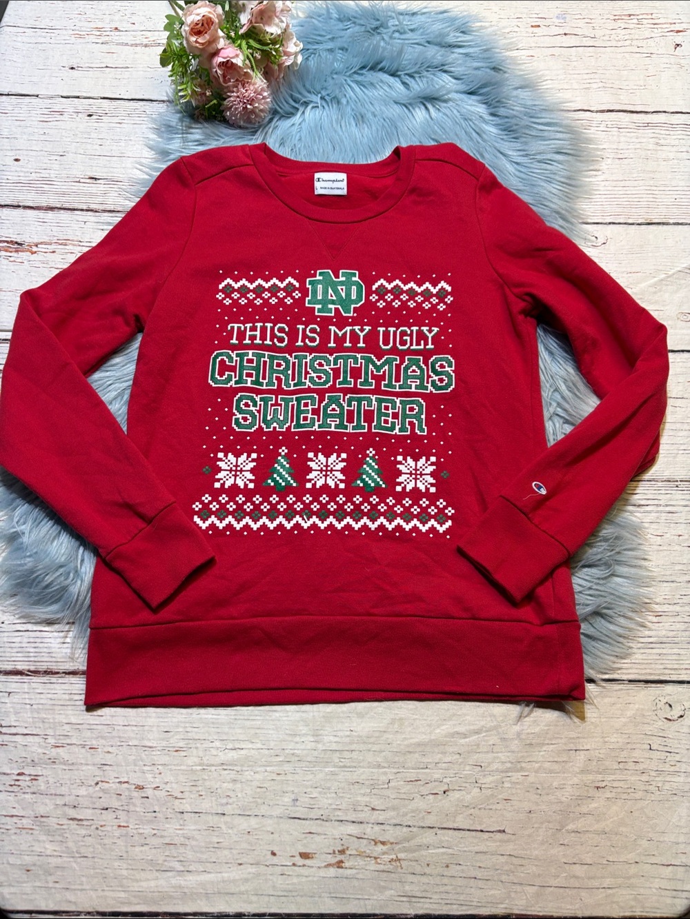 Champion Notre Dame 'This Is My Ugly Christmas Sweater' Sweatshirt sz L